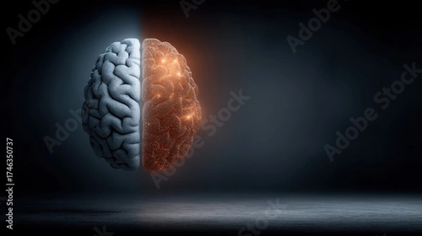 Fototapeta Bifurcation point in human fate represented by a brain made of light splitting into two hemispheres