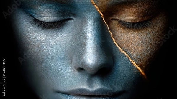Fototapeta Divided face showcasing a glowing crack representing the turning point in human fate
