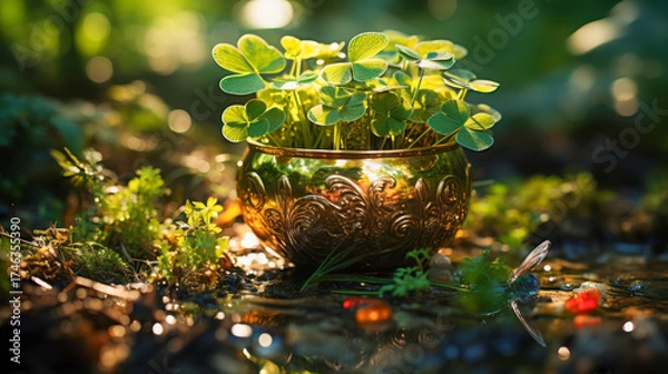 Fototapeta Lush green grass surrounds a decorative pot filled with vibrant flowers in a tranquil forest clearing. Sunlight filters through trees, enhancing the beauty of spring.