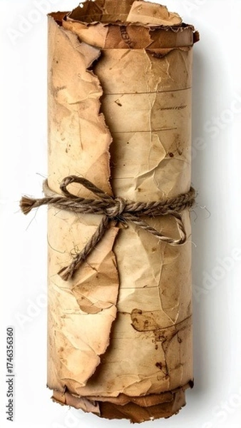 Obraz Aged Parchment Scroll Tied with Jute String on White Backdrop in Dramatic Lighting
