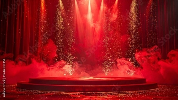 Fototapeta Dramatic Stage with Red Curtains, Golden Glitter, and Smoky Atmosphere Awaits the Performance to Begin Spectaculary