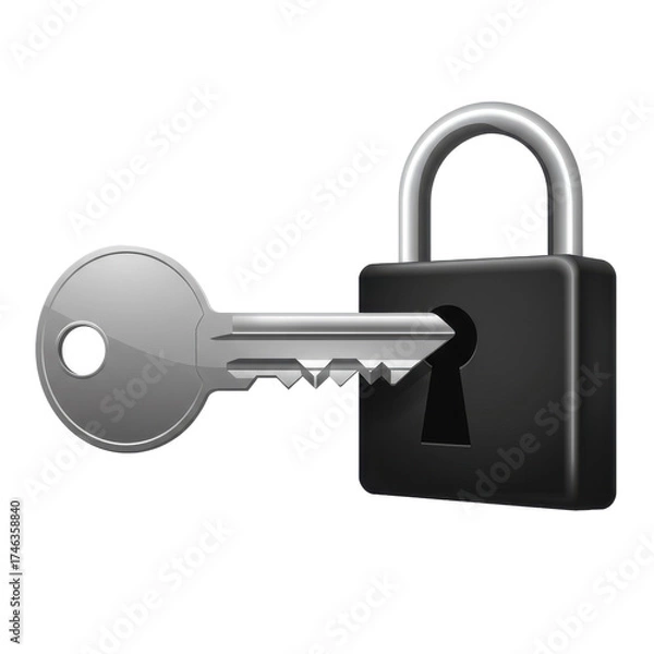 Obraz A close-up image of a key inserted into a black padlock, symbolizing security.