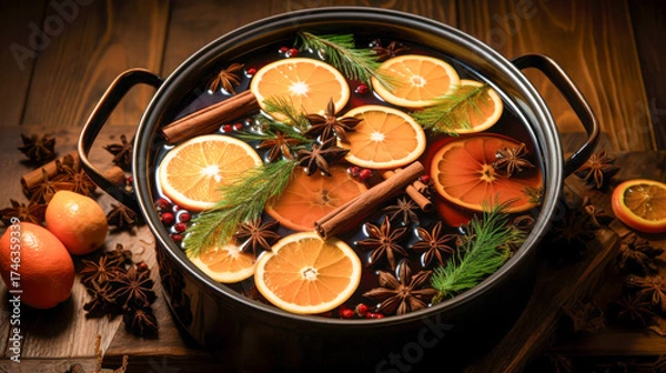 Fototapeta A large pot filled with a colorful spiced beverage sits on a wooden table, surrounded by warm candles and a glowing fireplace, creating a cozy evening atmosphere.
