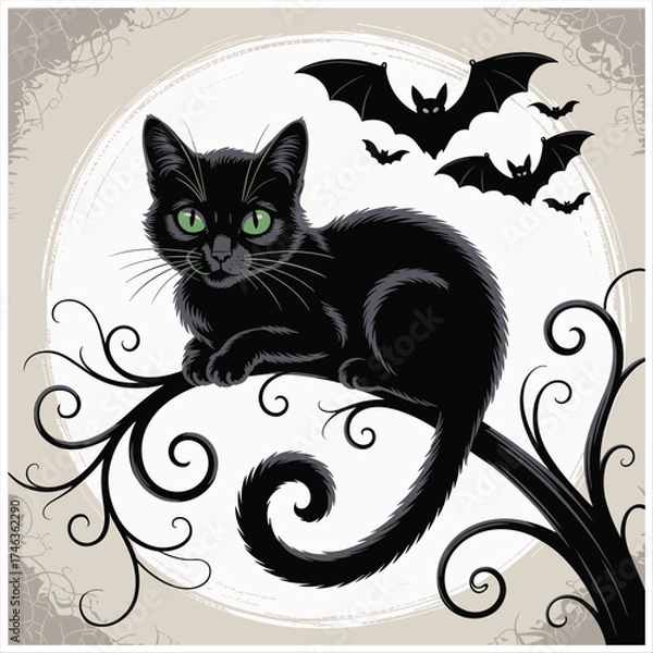 Obraz Black cat perched on a spooky tree branch under a full moon with bats silhouette