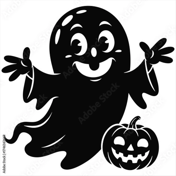 Obraz Happy halloween ghost and pumpkin silhouette