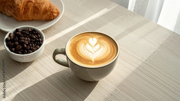 Fototapeta Elegant Coffee Still Life Latte Art Croissant and Coffee Beans on Wooden Surface with Natural Light and Airy Ambiance