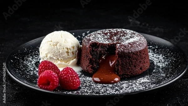 Fototapeta Delicious Chocolate Lava Cake Delight A Decadent Dessert with Raspberries and Vanilla Ice Cream on a Dark Plate