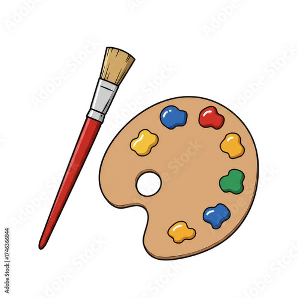 Obraz Illustration of a paint palette with various colors and a paintbrush.
