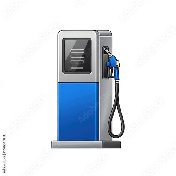 Obraz A modern blue and silver gas pump with a black hose and nozzle, isolated on a white background.