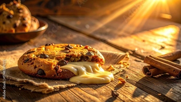 Fototapeta Warm Chocolate Chip Cookie Delight A Sweet Indulgence Bathed in Golden Sunlight on Rustic Wooden Surface with Cinnamon