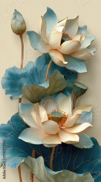 Obraz Glamorous lotus blossom illustration floral home decor wallpaper spring bud and leaf design elegant art for modern spaces
