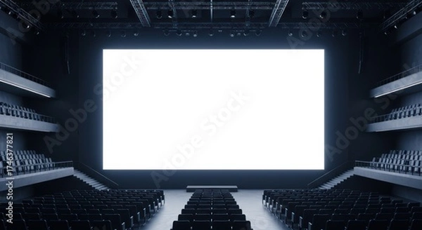 Fototapeta Empty auditorium with a large white screen and rows of seats.