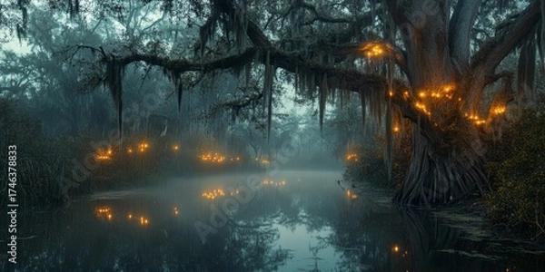 Fototapeta Forest scene with a tree with glowing lights on it. Scene is eerie and mysterious