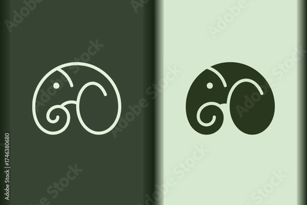 Fototapeta Vector of elephant logo design curve linear and silhouette icon minimal style.Creative simple animal on green background for business artwork.Modern flat icon elephant head shape graphic illustration.