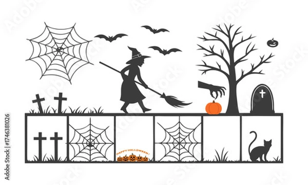 Fototapeta Halloween Black Silhouette Icon Set Panel Minimal Flat Vector illustration on White, easily editable.