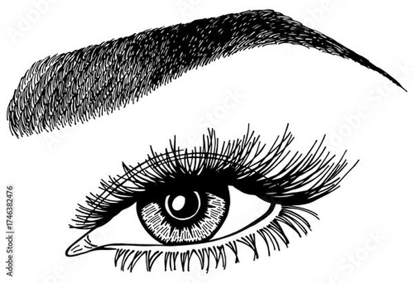 Fototapeta Illustration with woman's eye, eyelashes and eyebrow. Makeup Look. Tattoo design. Logo for brow bar or lash salon.