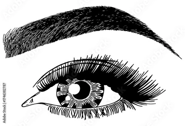 Fototapeta Illustration with woman's eye, eyelashes and eyebrow. Makeup Look. Tattoo design. Logo for brow bar or lash salon.