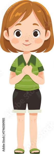 Fototapeta Cheerful child in green outfit standing happily with hands clasped isolated on transparent background. Vector illustration.