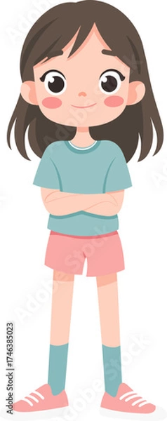 Fototapeta Young girl stands confidently with arms crossed, smiling, dressed isolated on transparent background. Vector illustration.
