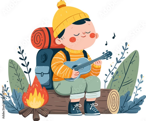 Fototapeta Boy playing ukulele by the campfire during a bright camping trip in nature isolated on transparent background. Vector illustration.
