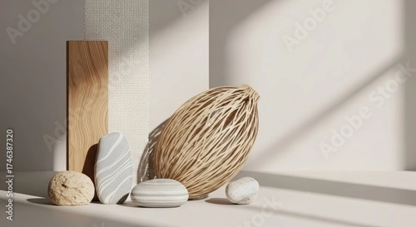 Obraz Organic Still Life with Natural Textures, Stones, and Wood in Soft Sunlight