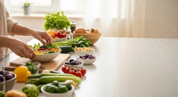 Obraz Hands Preparing a Vibrant and Healthy Vegan Salad Bowl with Fresh Ingredients in a Bright Kitchen