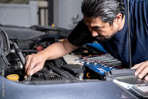 Fototapeta A young man works on fixing an engine by himself at home, showing DIY maintenance and mechanical skills.