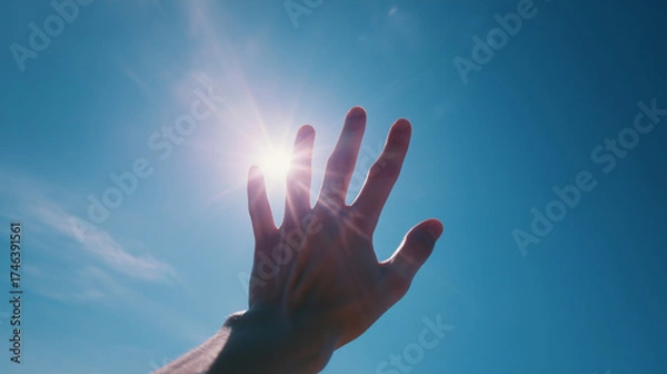 Obraz 太陽を掴もうとしている手、青空と太陽の光を遮る手のシルエット