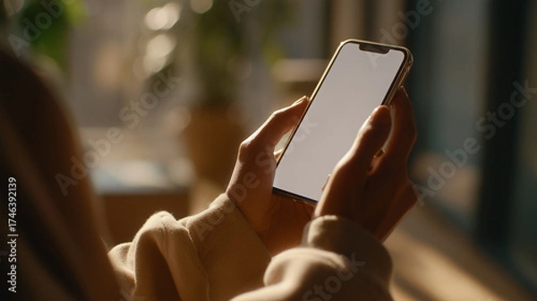 Obraz スマートフォンを持つ女性の手元のクローズアップ、スマホ画面は白紙（モックアップ・コピースペース）