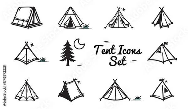 Fototapeta Flat Camping Tent Icons Set - Vector Illustrations Isolated On White Background