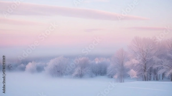 Fototapeta White winter landscape scene with blue sky as the sun rises, casting light on the snowy trees and frozen field in the misty morning fog