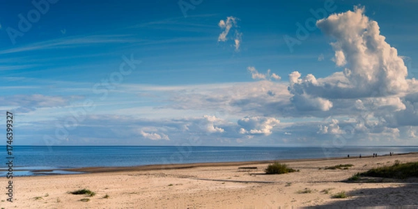 Fototapeta Panoramic view on dunes and sand shore of the Baltic Sea, place for recreation, walking and resting in ecologically clean, safety and healthy nature in Jurmala - famous sustainable tourist resort