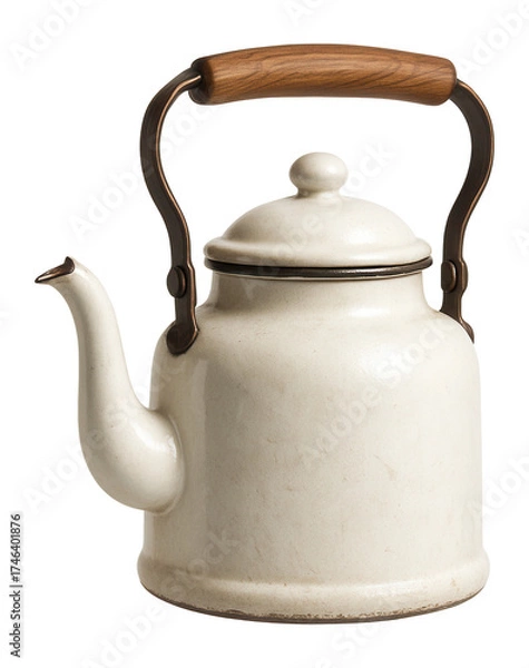 Fototapeta A vintage enamel teapot with a spout and wooden handle, perfect for rustic gatherings.