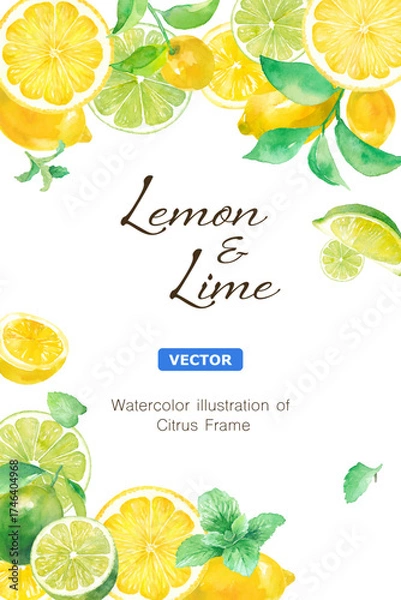 Obraz 爽やかなシトラスとミントの水彩イラスト。レモンとライムの縦フレームデザイン。（ベクター。レイアウト変更可能）