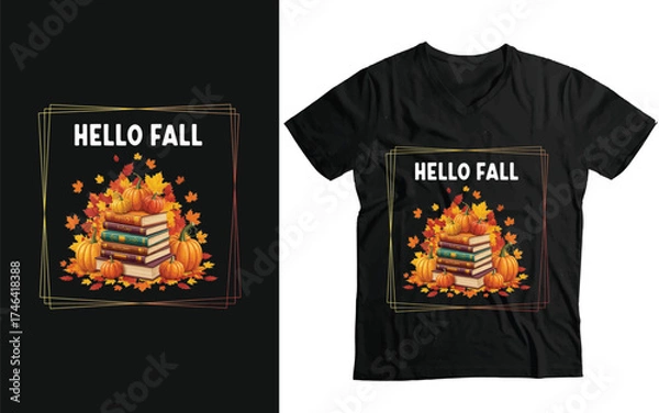 Fototapeta "Hello Fall" Book Stack & Pumpkin Cozy Reader T-Shirt Design