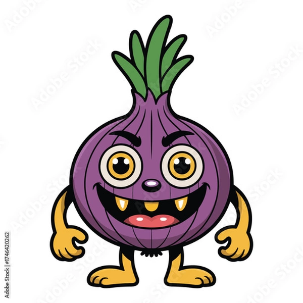 Fototapeta Funny cartoon red onion monster character standing with a toothy grin