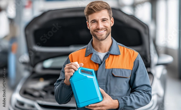 Fototapeta Mechanic holds empty motor oil canister in front of car with open hood. Auto service theme