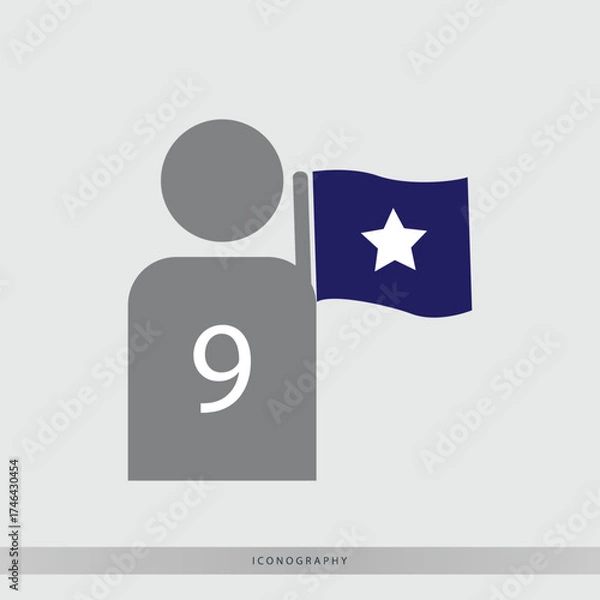 Fototapeta Modern abstract icon of a person holding a blue flag with a white star and the number nine for concepts of leadership or achievement