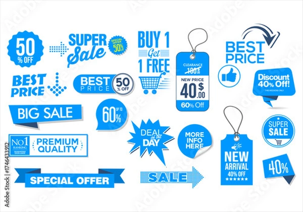 Obraz Premium, high quality and sale emblem and badges blue color isolated on white background 