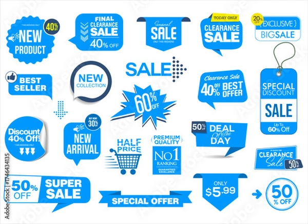 Obraz Premium, high quality and sale emblem and badges blue color isolated on white background 