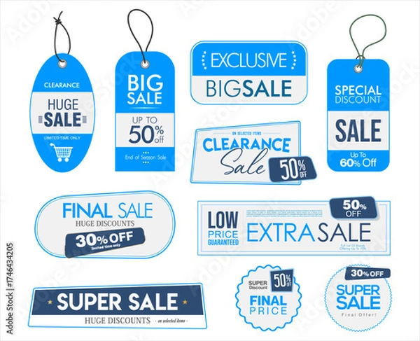 Obraz Premium, high quality and sale emblem and badges blue color isolated on white background 