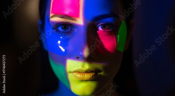 Fototapeta Close up portrait of a young woman with colorful geometric shapes projected onto her face in a dark studio environment