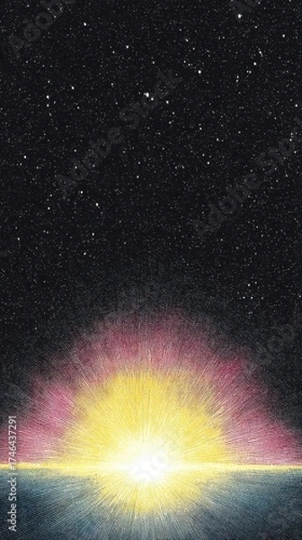 Fototapeta A vibrant depiction of a sunrise against a starry night sky, blending colors and cosmic elements in an abstract style.