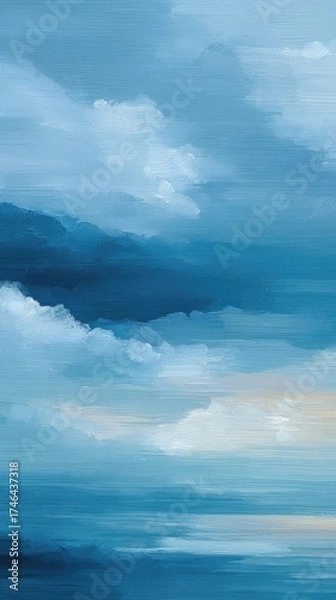 Fototapeta A serene abstract painting featuring varying shades of blue and soft clouds, evoking a tranquil sky and calm waters.