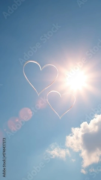 Fototapeta Two heart shapes float in a bright blue sky, illuminated by a shining sun and surrounded by soft clouds, evoking feelings of love and joy.