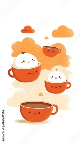 Fototapeta Cute illustration of smiling cups with fluffy tops, floating in a whimsical orange cloud background, evoking a playful and cheerful atmosphere.