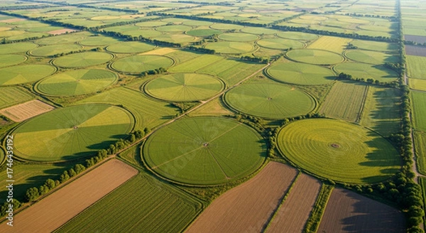 Fototapeta Aerial view of agricultural fields with circular irrigation systems, creating a patchwork of green and brown patterns in countryside
