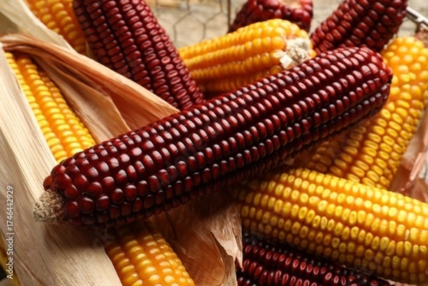 Obraz Red and yellow corn cobs on table, closeup