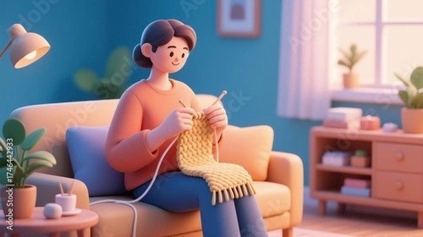 Fototapeta 3D cartoon illustration of a smiling woman knitting a chunky knit scarf in a cozy living room at evening. Concept of relaxing hobby, mindfulness, slow living and hygge lifestyle.