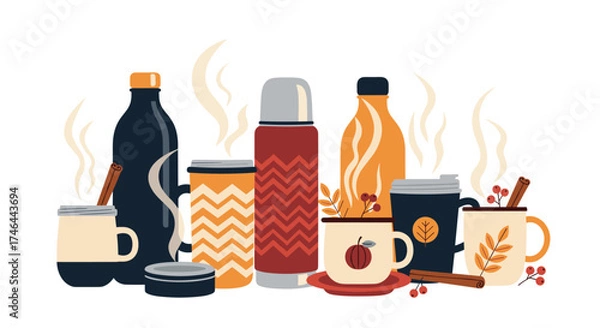 Fototapeta Cozy autumn drinks served in insulated containers and mugs.